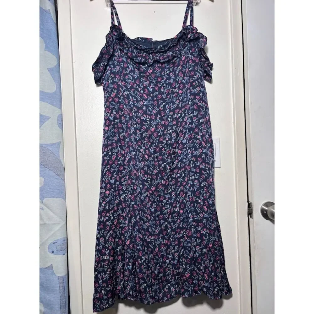 J. Crew Dress Wisp Womens sz 20 Navy Floral Midi Stretch Silk Slip Ruffle Detail